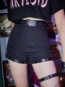 ROMWE Grunge Punk 素色金屬氣眼附腰帶短褲 - 黑色 - 查看 1