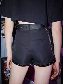 ROMWE Grunge Punk 素色金屬氣眼附腰帶短褲 - 黑色 - 查看 2