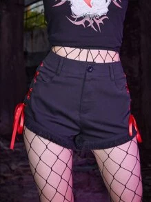 ROMWE Grunge Punk Quần đùi nữ Ren lên Thùa khuyết màu trơn Giải trí - màu đen - Xem 6