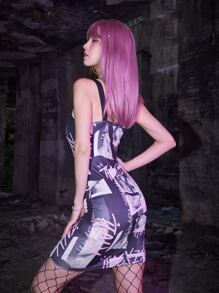 ROMWE Grunge Punk Allover Figure Letter Cami Dress - Multicolor - View 2