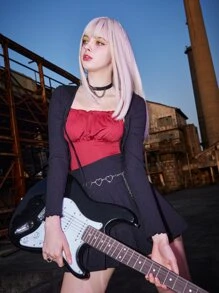 ROMWE Grunge Punk unicolor pecho con fruncido Cami & unicolor de canalé Top & Falda fruncido - Multicolor - Ver 6