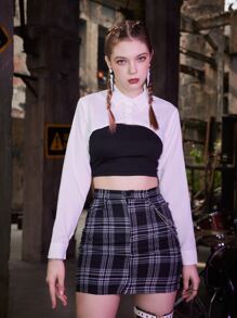 Solid Cami & Button Front Super Crop Top & Plaid Skirt - Multicolor - View 3