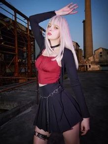 ROMWE Grunge Punk unicolor pecho con fruncido Cami & unicolor de canalé Top & Falda fruncido - Multicolor - Ver 4