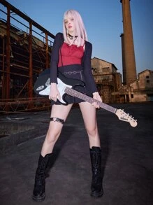 ROMWE Grunge Punk unicolor pecho con fruncido Cami & unicolor de canalé Top & Falda fruncido - Multicolor - Ver 5