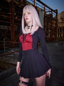 ROMWE Grunge Punk unicolor pecho con fruncido Cami & unicolor de canalé Top & Falda fruncido - Multicolor - Ver 1