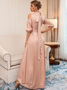 Modelyn Cold Shoulder Lantern Sleeve Tie Back Dress - Apricot - View 2