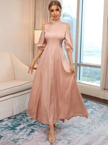 Modelyn Cold Shoulder Lantern Sleeve Tie Back Dress - Apricot - View 3