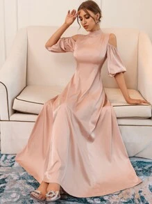 Modelyn Cold Shoulder Lantern Sleeve Tie Back Dress - Apricot - View 4