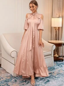 Modelyn Cold Shoulder Lantern Sleeve Tie Back Dress - Apricot - View 5