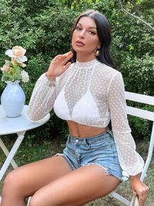 SHEIN Unity Lantern Sleeve Mock Neck Dobby Mesh Top Without Bra - White - View 4