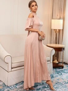 Modelyn Cold Shoulder Lantern Sleeve Tie Back Dress - Apricot - View 6