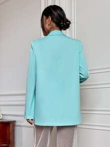 Solid Single Button Long Blazer - Mint Blue - View 2
