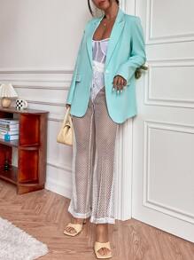 Solid Single Button Long Blazer - Mint Blue - View 4
