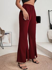 下擺開叉喇叭褲 - 酒紅色 - 查看 4