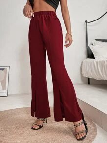 下擺開叉喇叭褲 - 酒紅色 - 查看 5