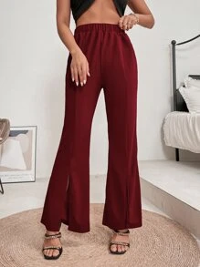 下擺開叉喇叭褲 - 酒紅色 - 查看 6