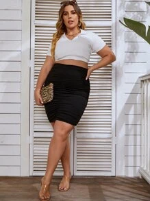 SHEIN Clasi Falda ajustada de talle alto fruncido - Negro - Ver 2