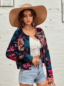Saco con estampado floral de manga raglán con parte delantera abierta - Multicolor - Ver 2