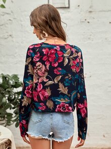 Saco con estampado floral de manga raglán con parte delantera abierta - Multicolor - Ver 3
