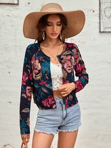 Saco con estampado floral de manga raglán con parte delantera abierta - Multicolor - Ver 4