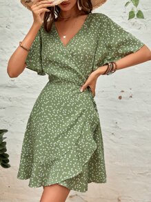 Confetti Heart Print Butterfly Sleeve Ruffle Trim Wrap Knot Side Dress - Green - View 1