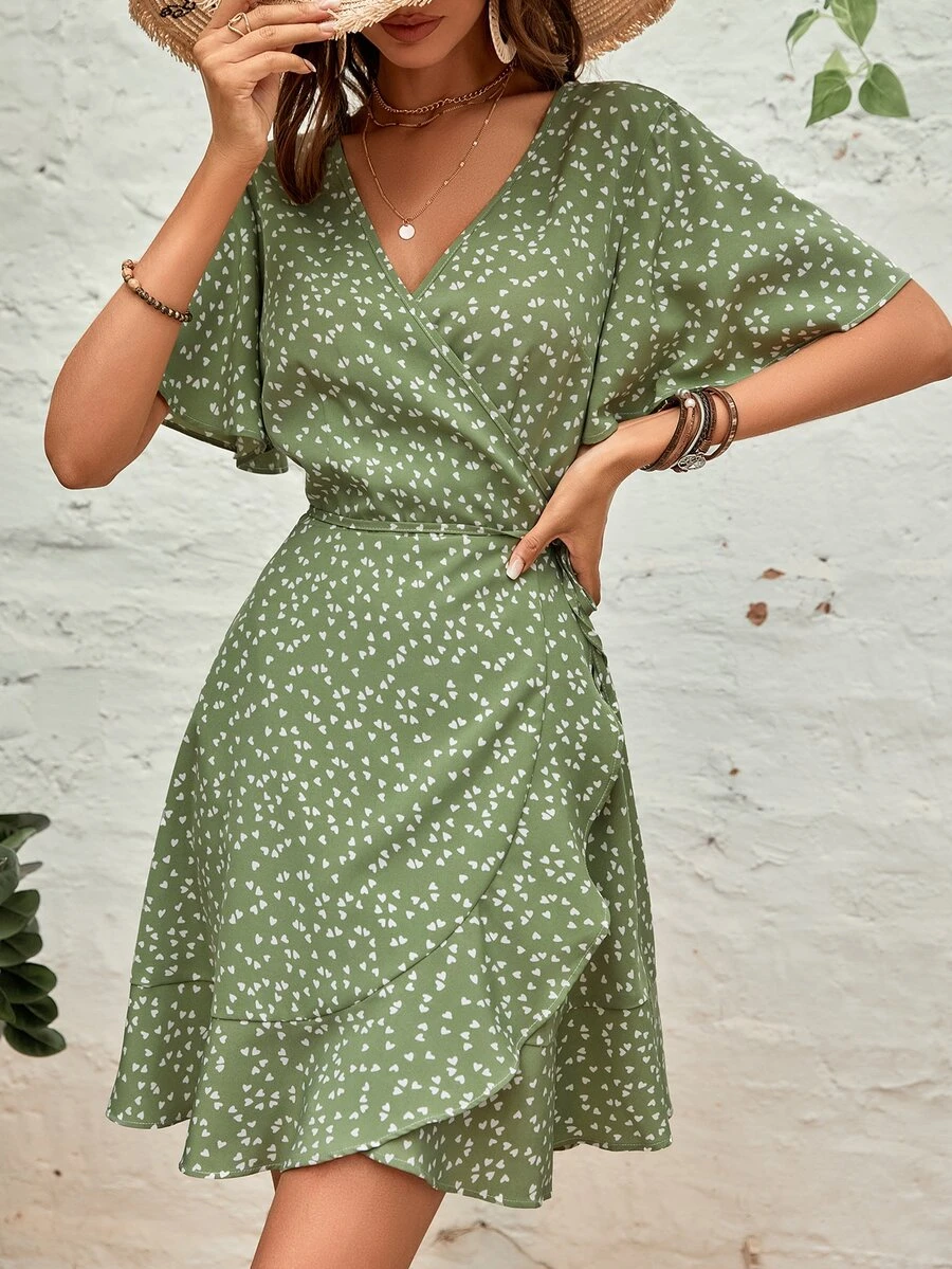 Confetti Heart Print Butterfly Sleeve Ruffle Trim Wrap Knot Side Dress - Green - View 1