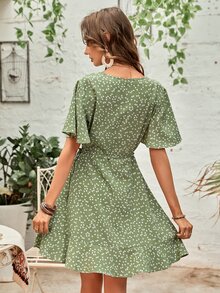 Confetti Heart Print Butterfly Sleeve Ruffle Trim Wrap Knot Side Dress - Green - View 2