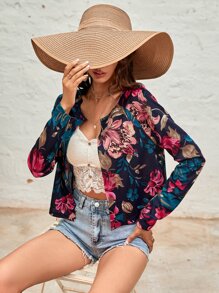 Saco con estampado floral de manga raglán con parte delantera abierta - Multicolor - Ver 1