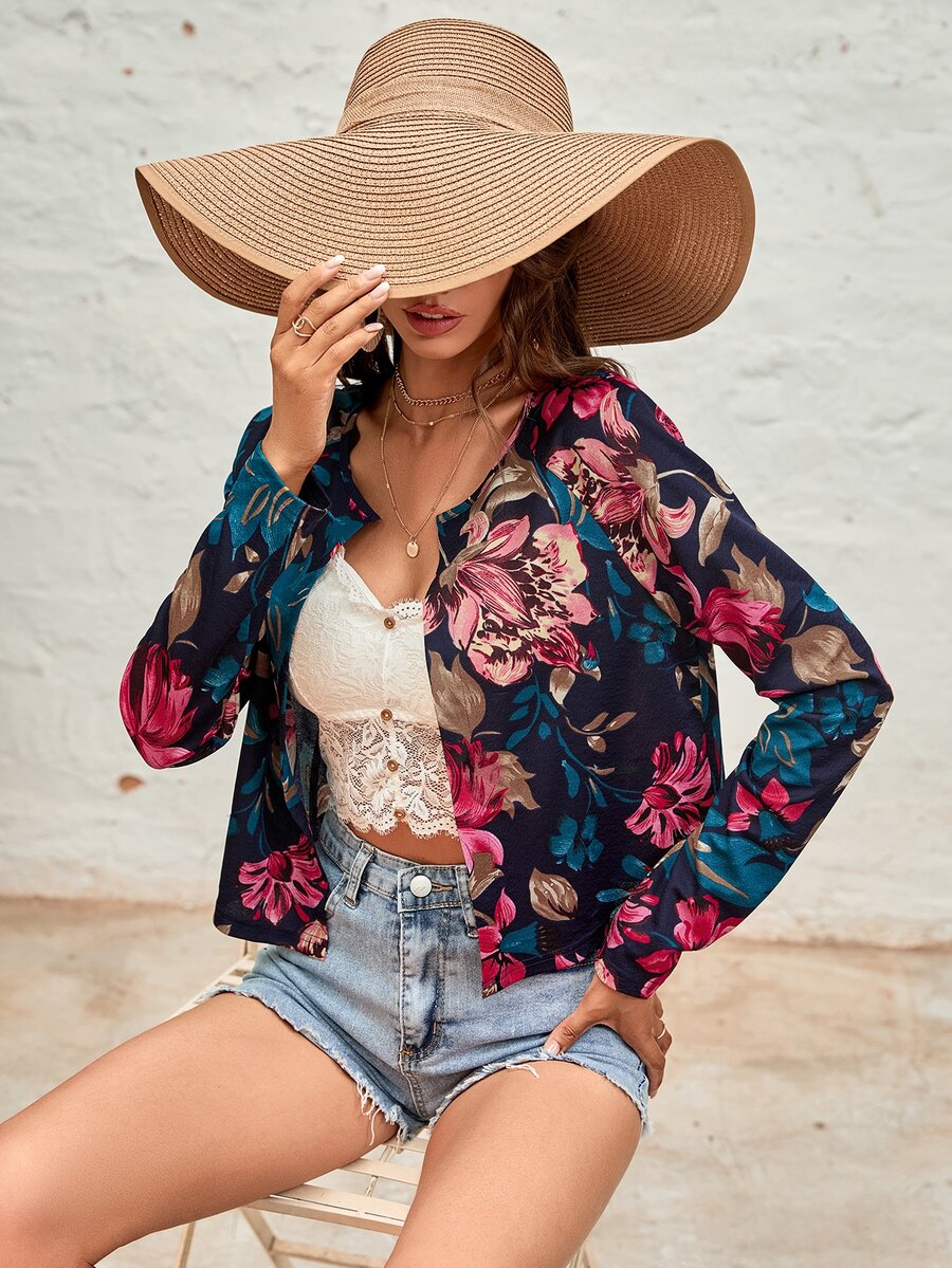 Saco con estampado floral de manga raglán con parte delantera abierta - Multicolor - Ver 1