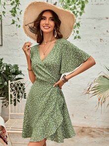 Confetti Heart Print Butterfly Sleeve Ruffle Trim Wrap Knot Side Dress - Green - View 3