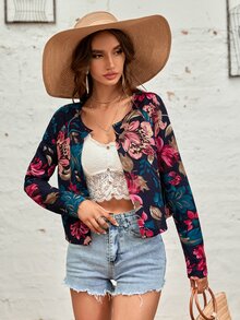 Saco con estampado floral de manga raglán con parte delantera abierta - Multicolor - Ver 5