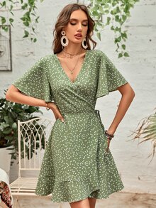 Confetti Heart Print Butterfly Sleeve Ruffle Trim Wrap Knot Side Dress - Green - View 4