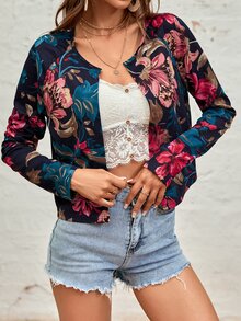 Saco con estampado floral de manga raglán con parte delantera abierta - Multicolor - Ver 6