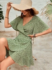 Confetti Heart Print Butterfly Sleeve Ruffle Trim Wrap Knot Side Dress - Green - View 5