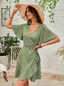 Confetti Heart Print Butterfly Sleeve Ruffle Trim Wrap Knot Side Dress - Green - View 6