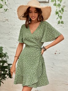 Confetti Heart Print Butterfly Sleeve Ruffle Trim Wrap Knot Side Dress - Green - View 7