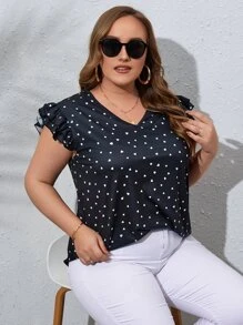 SHEIN Unity Plus Confetti Heart Print Ruffle Sleeve Tee - Black - View 1