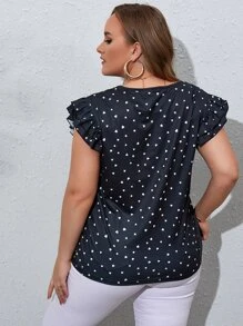 SHEIN Unity Plus Confetti Heart Print Ruffle Sleeve Tee - Black - View 2