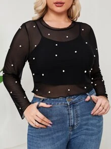 大碼吊帶上衣和薄透珍珠上衣 - 黑色 - 查看 1