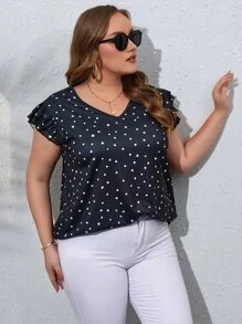 SHEIN Unity Plus Confetti Heart Print Ruffle Sleeve Tee - Black - View 6