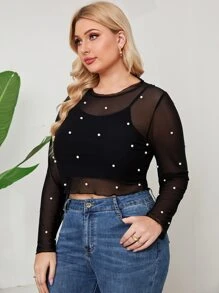 大碼吊帶上衣和薄透珍珠上衣 - 黑色 - 查看 4