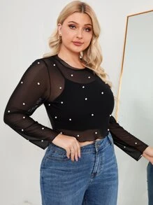 大碼吊帶上衣和薄透珍珠上衣 - 黑色 - 查看 5