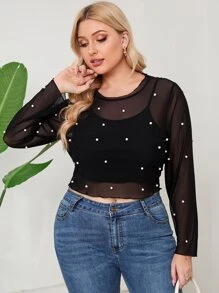 大碼吊帶上衣和薄透珍珠上衣 - 黑色 - 查看 6