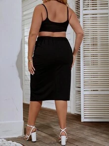 Váy Plus Size Xù Tách cao màu trơn Thanh lịch - màu đen - Xem 2
