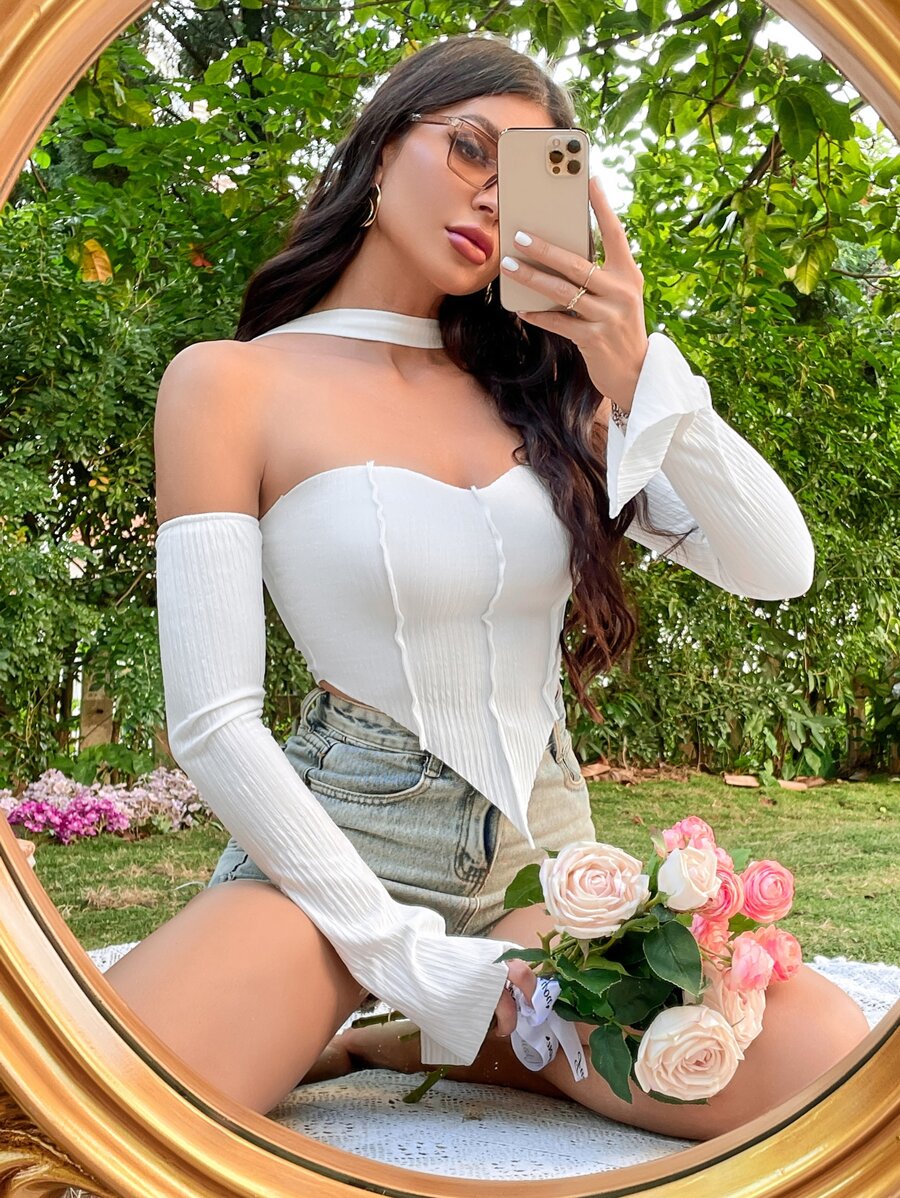 SHEIN ICON Áo thun nữ Bất đối xứng Gân đan màu trơn Gợi cảm - trắng - Xem 1