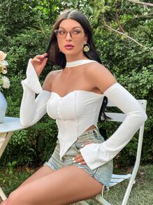 SHEIN ICON Áo thun nữ Bất đối xứng Gân đan màu trơn Gợi cảm - trắng - Xem 4
