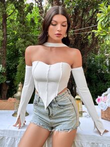 SHEIN ICON Áo thun nữ Bất đối xứng Gân đan màu trơn Gợi cảm - trắng - Xem 5