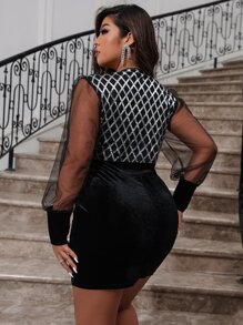 大碼菱形印花網紗拼接燈籠袖亮片緊身連衣裙 - 黑色 - 查看 2