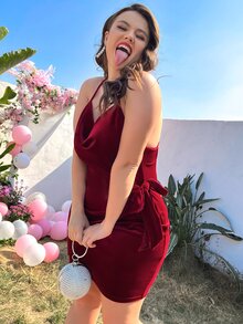 大碼露背交叉側打結絲絨緊身連衣裙 - 酒紅色 - 查看 4