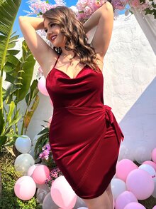 大碼露背交叉側打結絲絨緊身連衣裙 - 酒紅色 - 查看 5